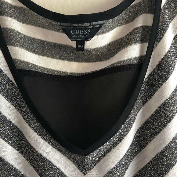 GUESS Sheer Oversized Top V Neck Chevron Stripes Black Dark Gray Gold Knitted XS - Picture 5 of 7